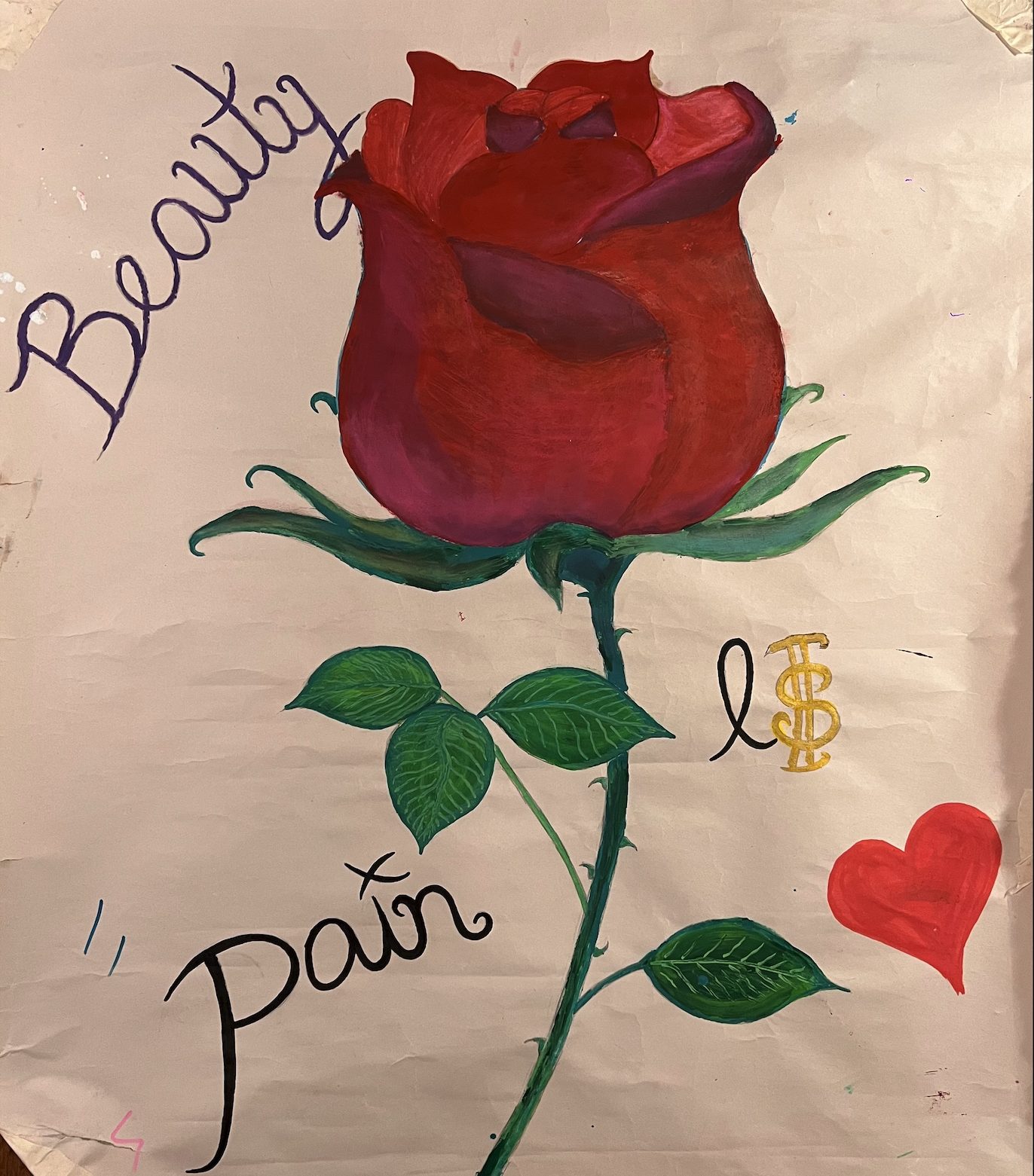 A red rose on a long stem, the words Beauty and Pain written around it, with a red heart