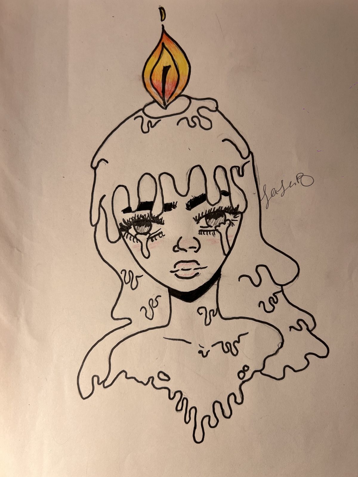 An ink drawing of a girl whose head melts like a candle, a flame burning on top