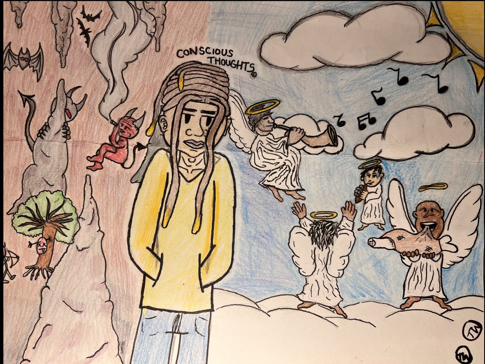 A coloured pencil drawing of a figure in a yellow hoodie standing on a cloud, angels on one side and a red devil on the other