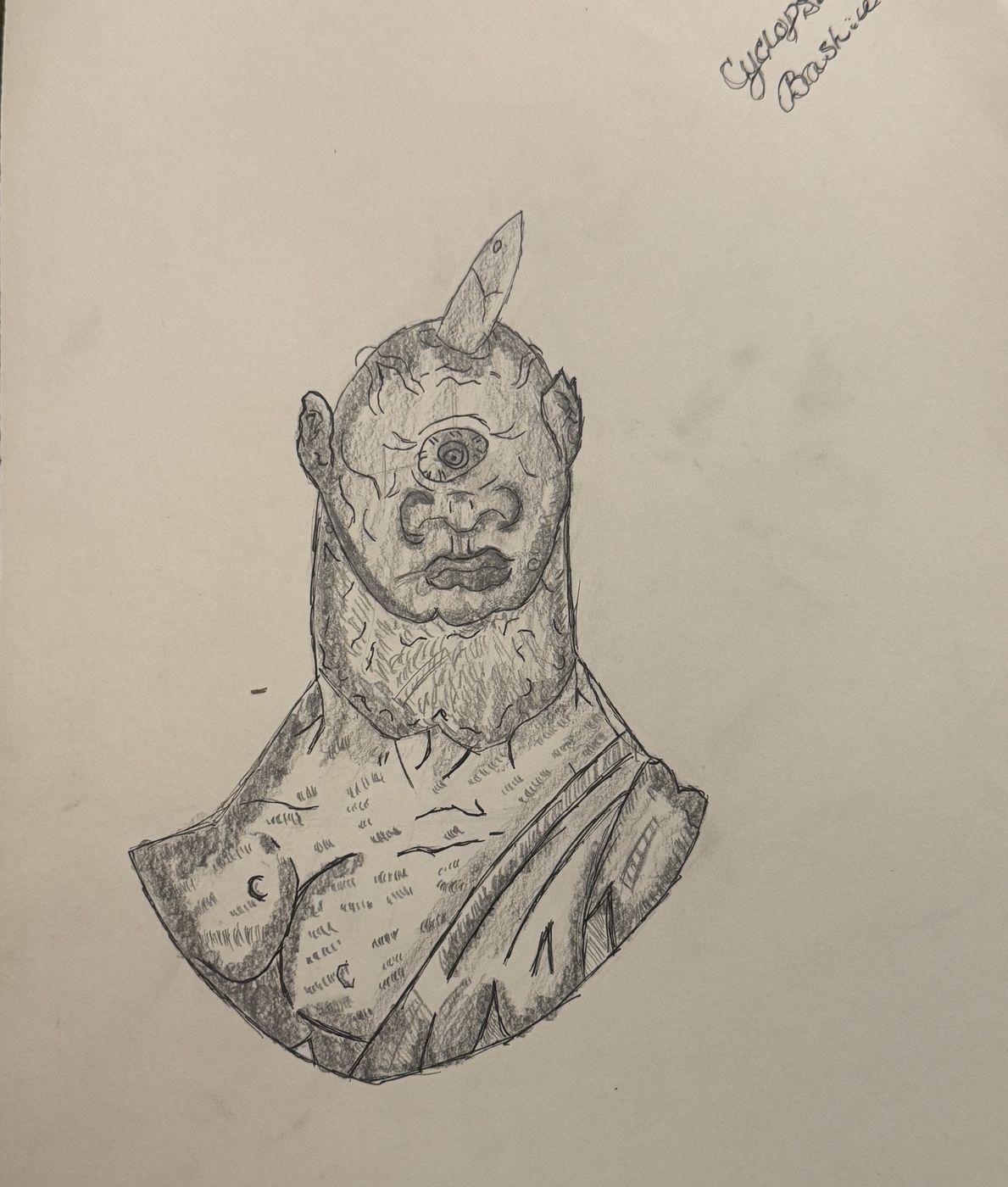 A graphite drawing of a one eyed figure in a collared shirt, shoulders squared to the viewer