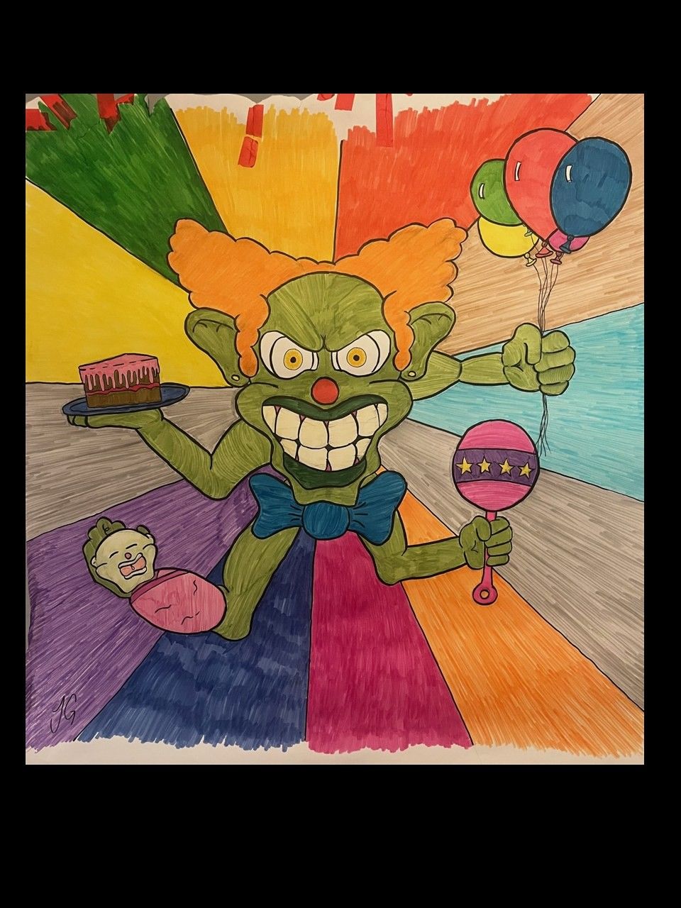 A green grinning character in a bow tie juggling balloons and a cake, on a radiating rainbow background