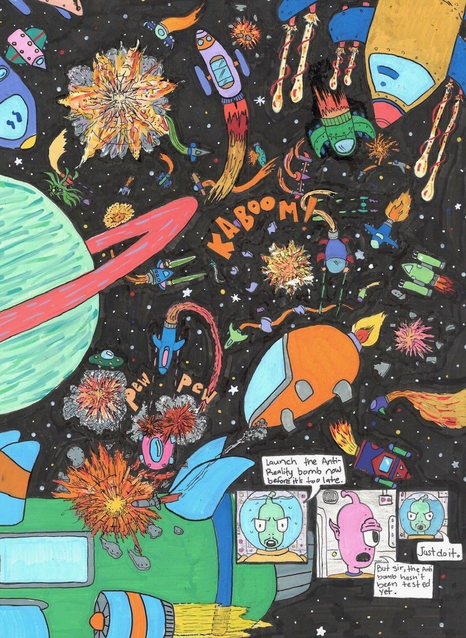 A dense colour spread from the comic: planets, rockets, a saturn ringed in pink, speech panels drifting through space
