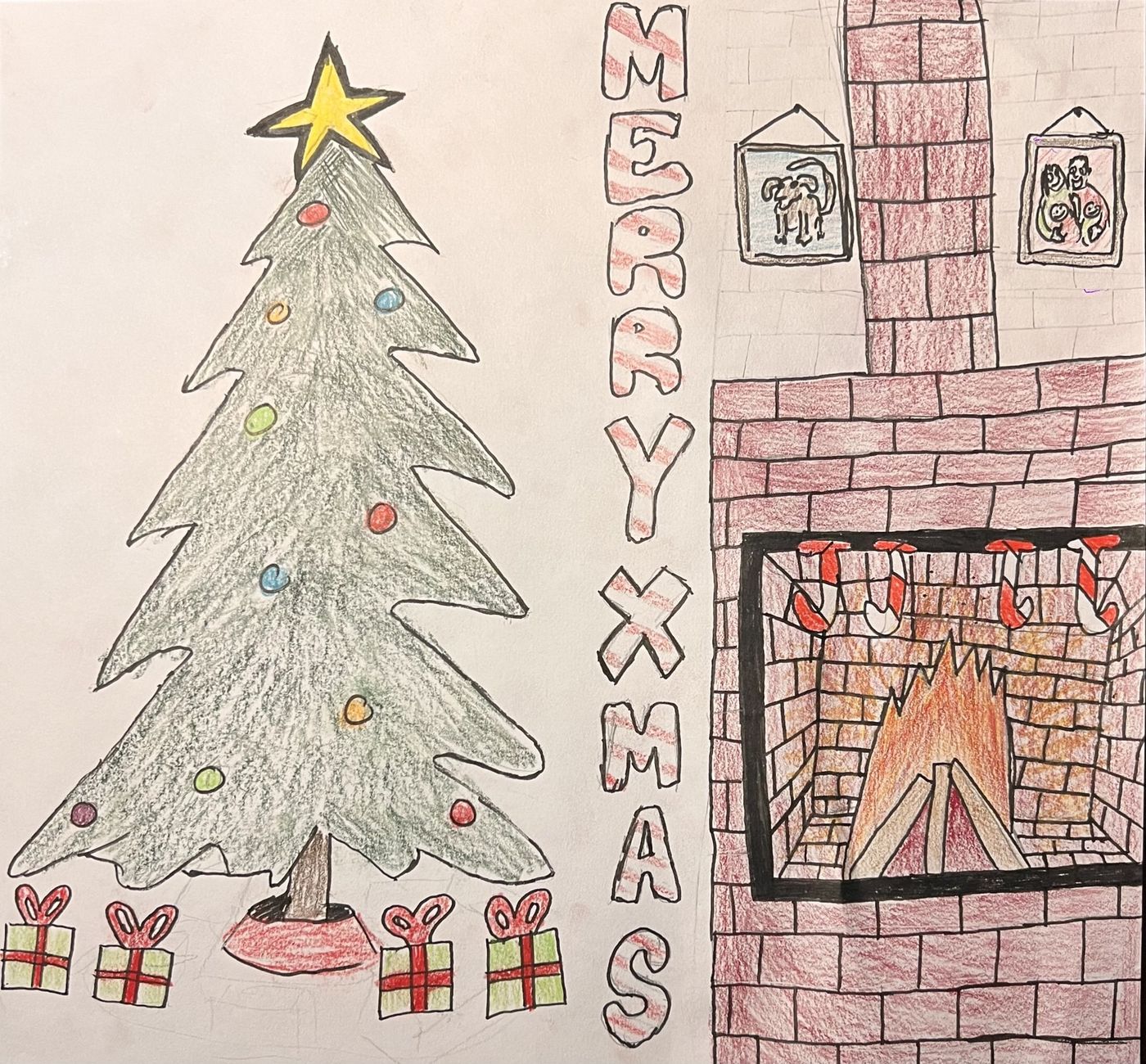 A decorated Christmas tree beside a brick fireplace with stockings, presents stacked underneath