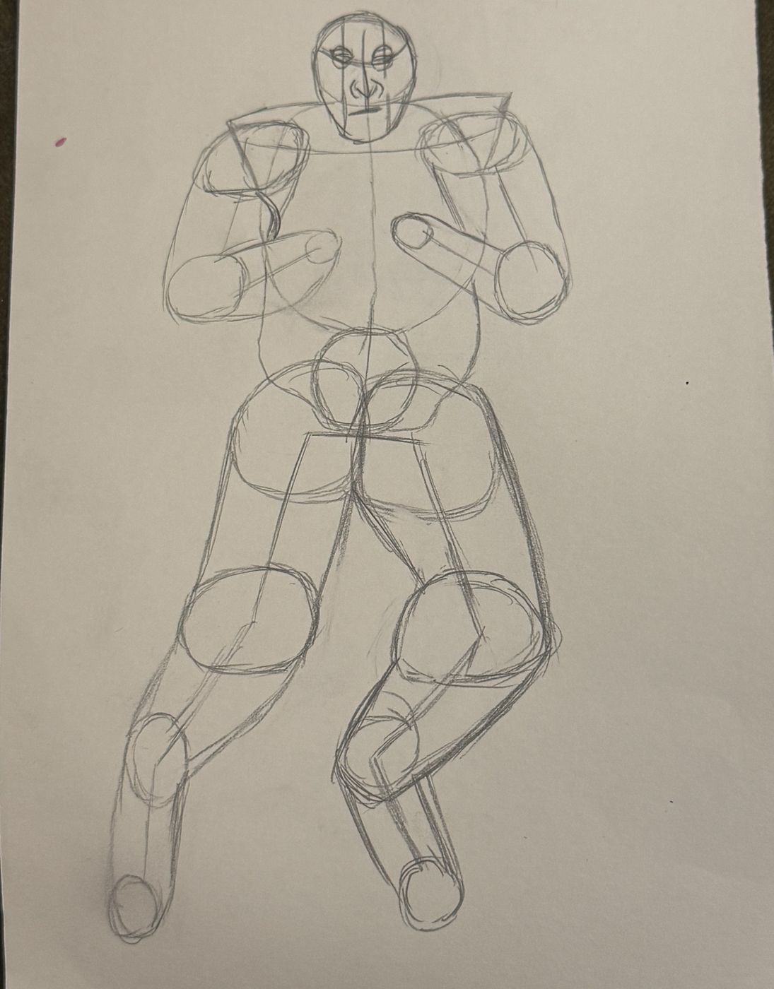 A pencil figure study built from jointed geometric volumes, a mannequin mid stride