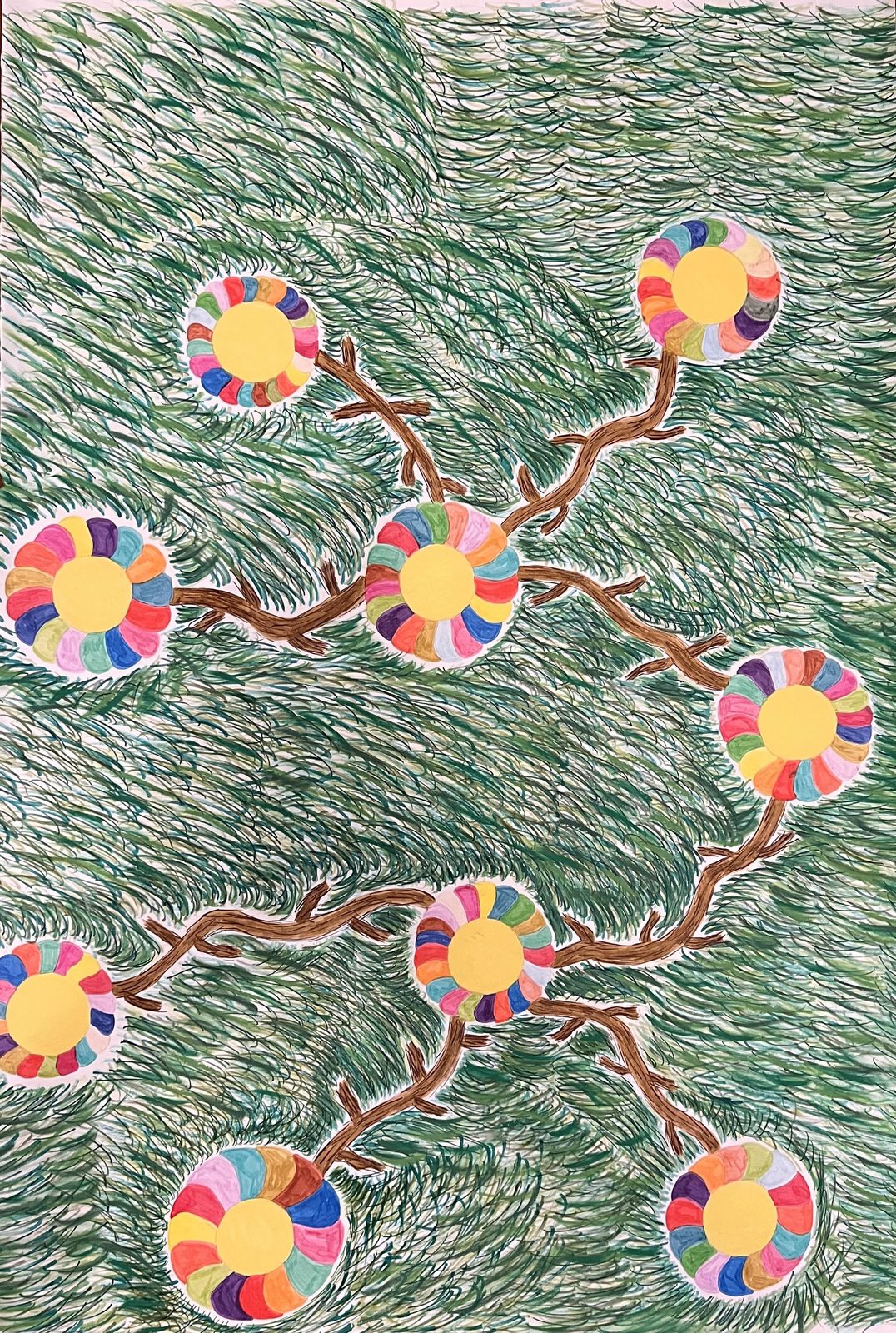 Branches of round, multicoloured blossoms on a field of green brushstrokes