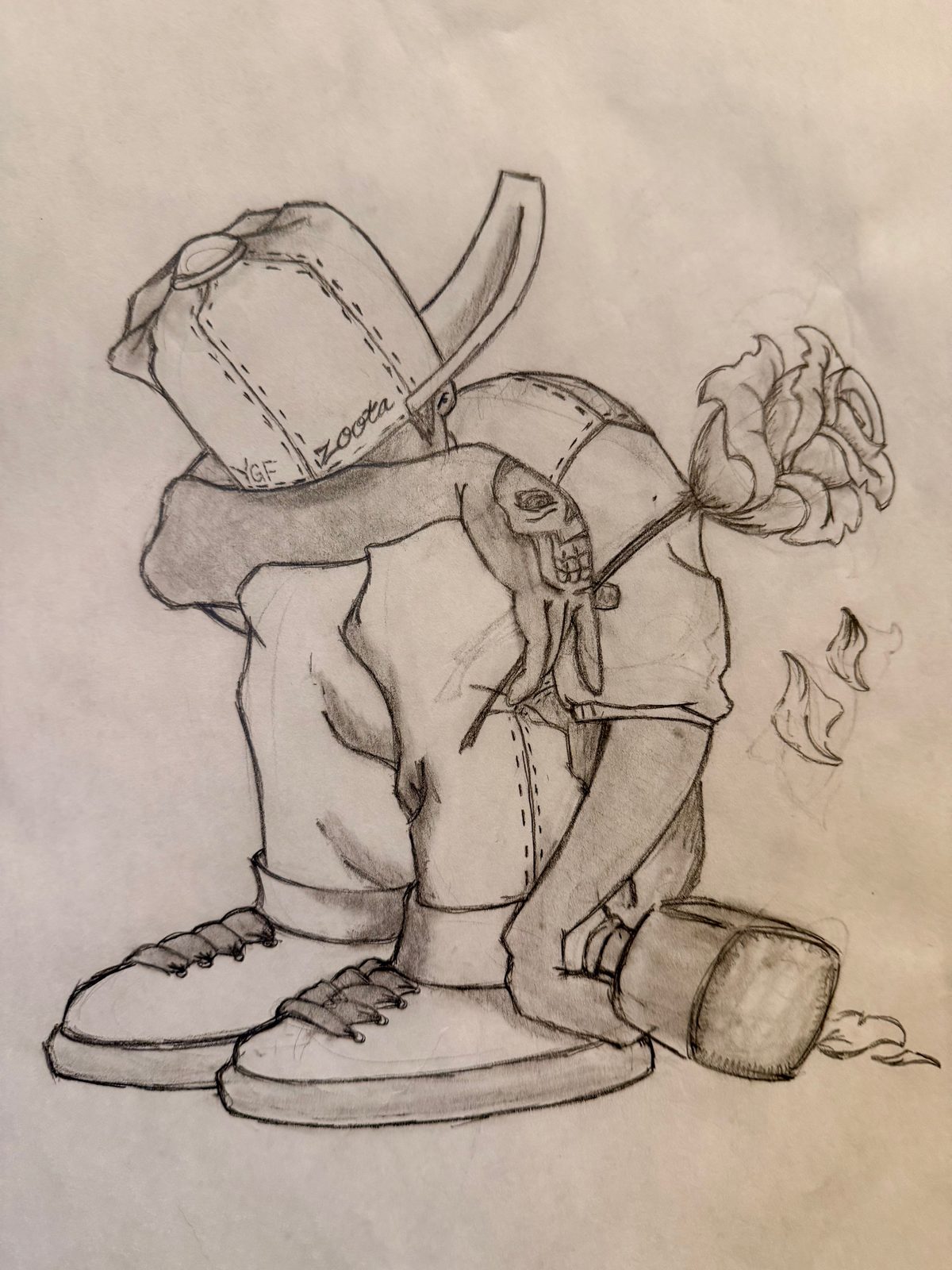 A pencil drawing of a crouching figure in a hoodie and cap, holding a rose