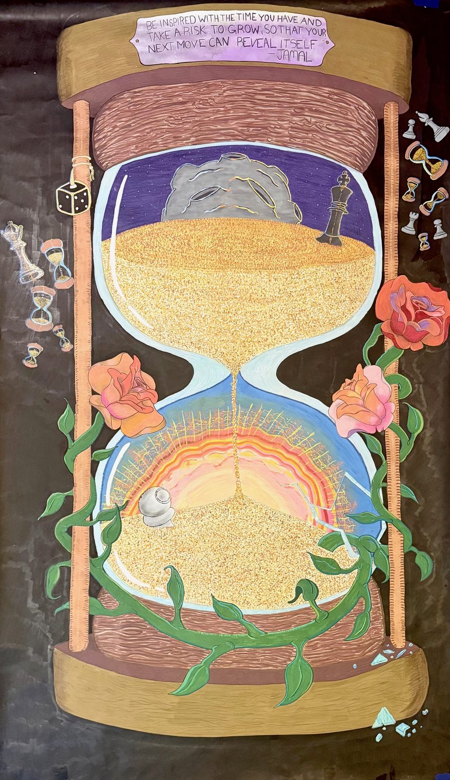 A tall painted hourglass framed by roses and vines, a sunset glowing in the lower chamber