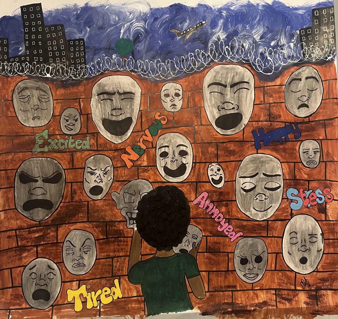 A brick wall hung with grey theatre masks, each a different emotion, a figure in a green shirt facing them, with words like Excited, Tired and Annoyed