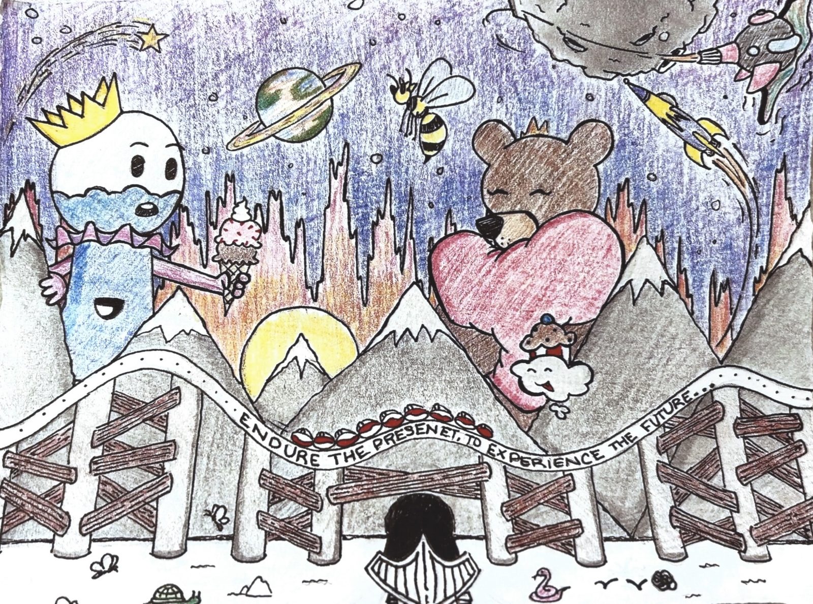 A densely coloured pencil landscape of mountains, a bear holding a heart, bees, planets and a crowned character