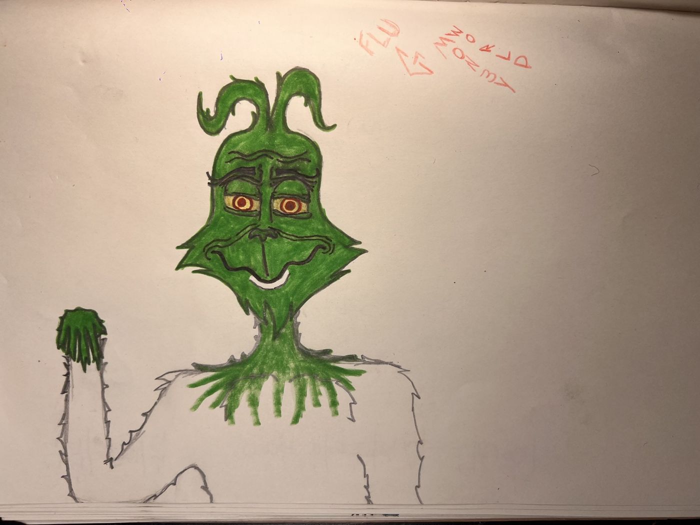 A green Grinch drawn in marker, arms raised, grinning