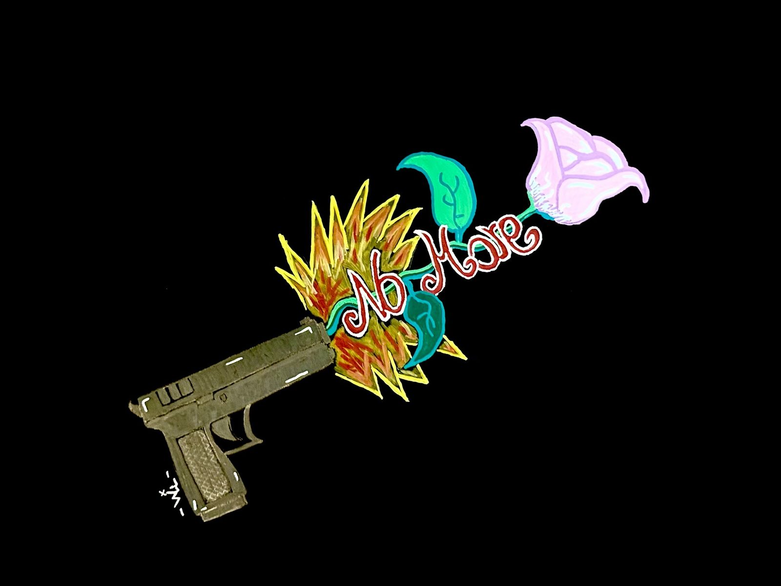 An anti-violence design: a pistol whose barrel bursts into flames, leaves and a pink flower, with the words No More