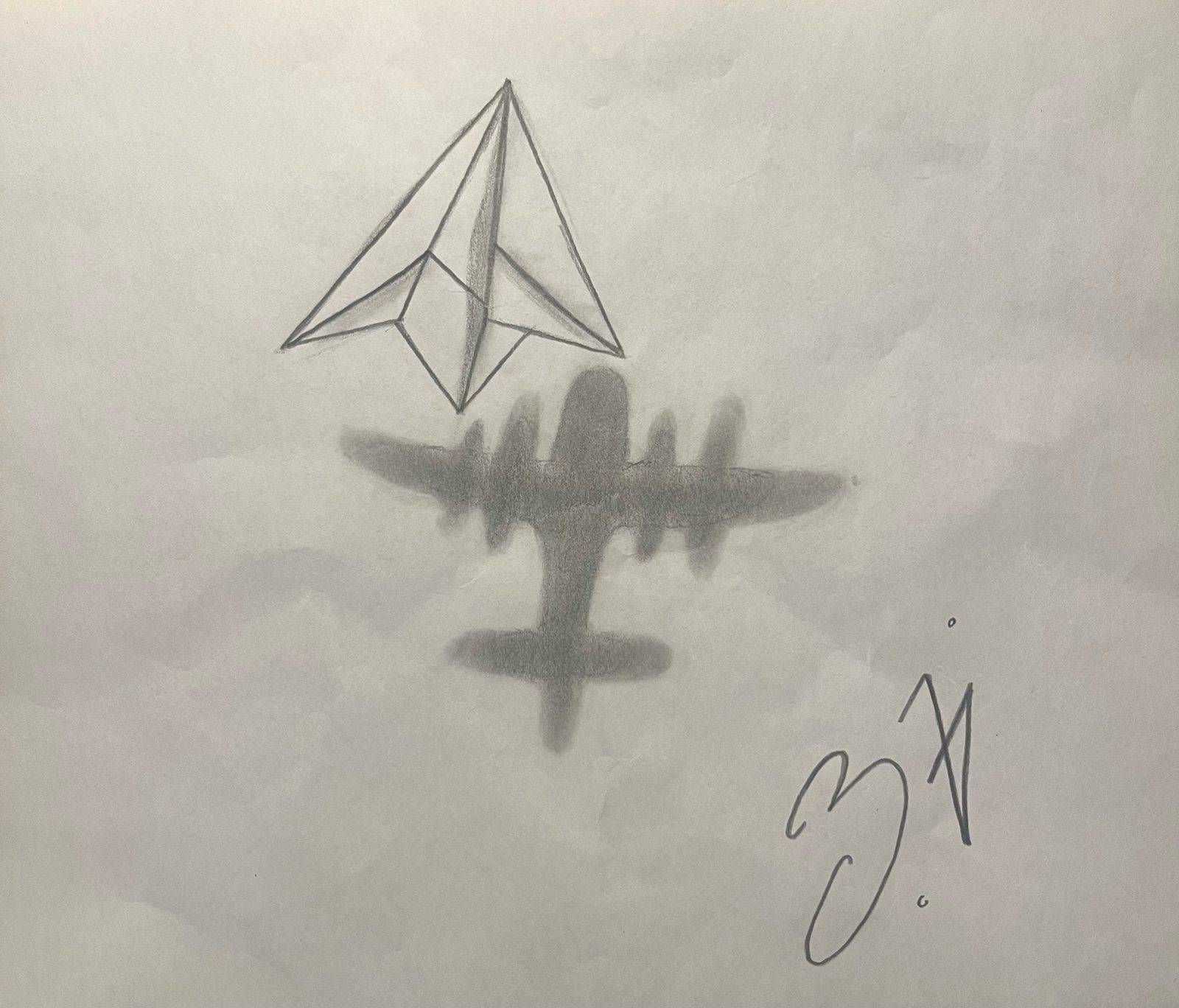 A pencil drawing of a paper airplane casting the shadow of a real plane