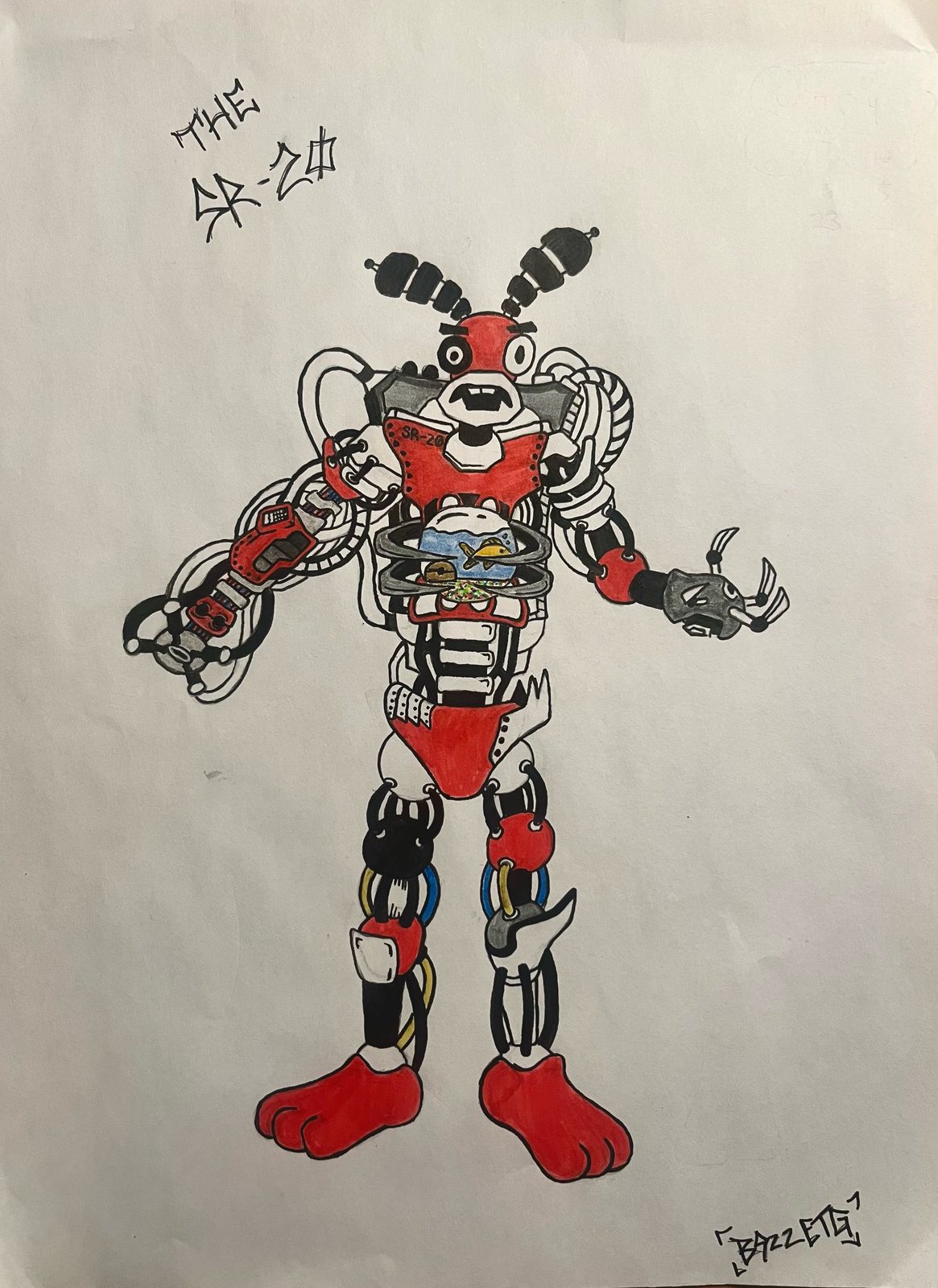 A detailed red, white and black robot figure standing with arms out