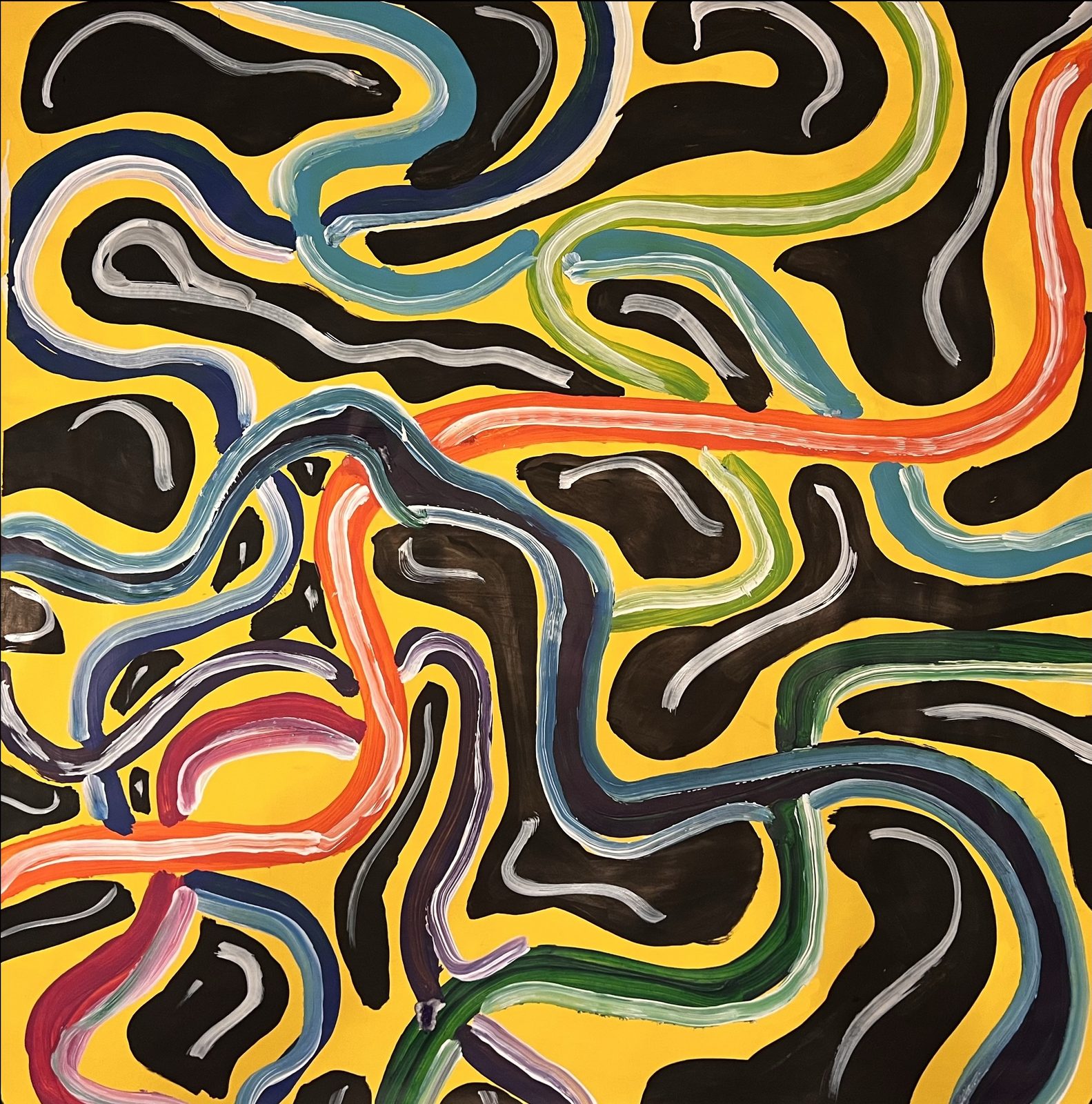 Interlocking ribbons of colour, blue, red, green and white, winding across a yellow and black field
