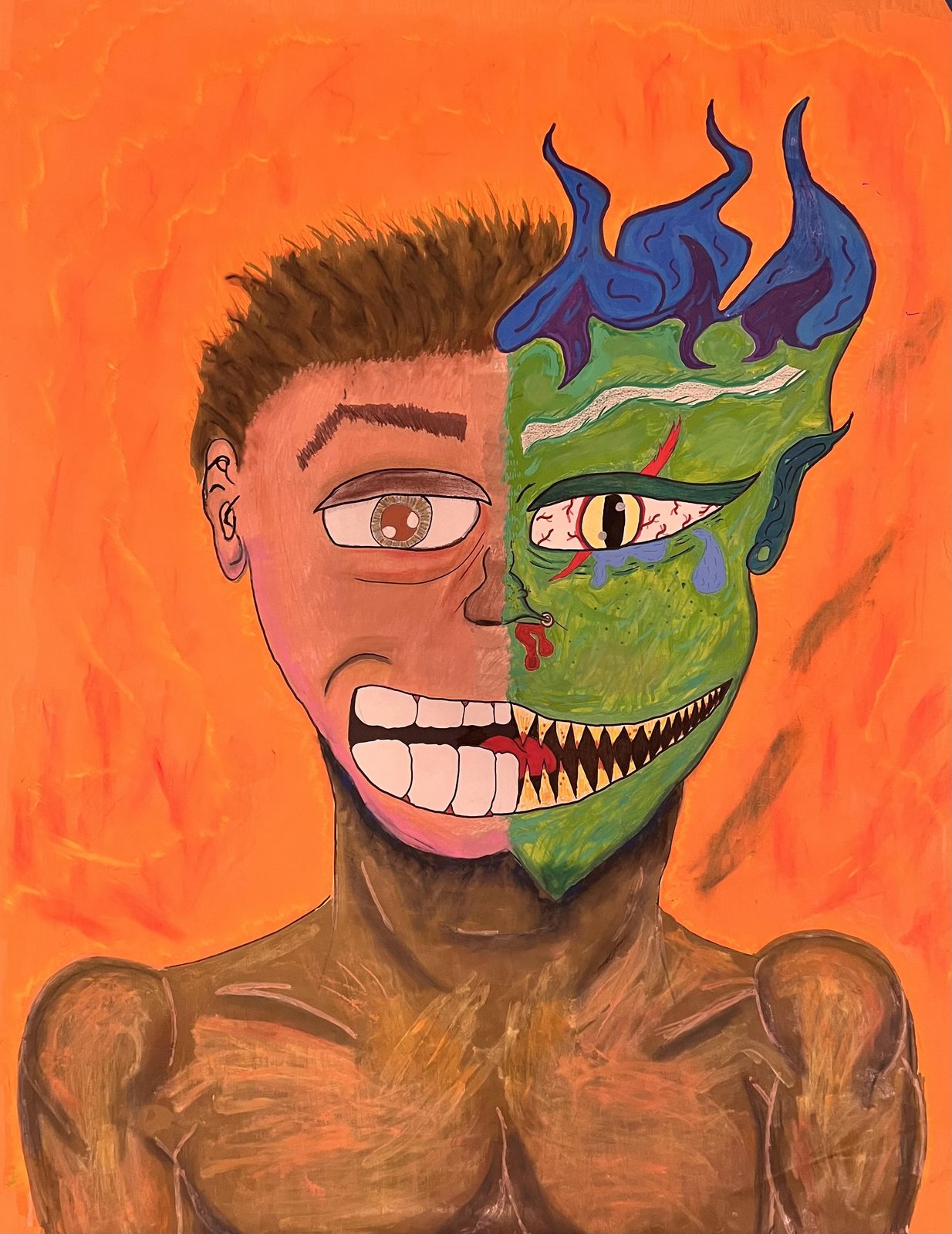 A painted portrait split down the middle, one half a young man, the other a green reptile with blue flames for hair