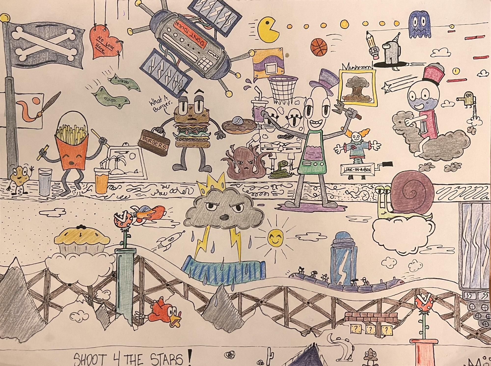 &ldquo;Shoot 4 the Stars&rdquo; &mdash; a collaborative drawing made in Art Club: a bridge, a thundercloud wearing a crown, a basket of fries holding a paintbrush, a satellite, a snail on a cloud